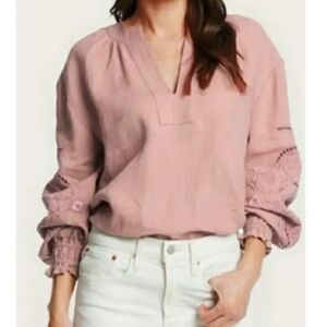 Frye Poet Dusty Rose Linen Embroidered Split Neck Boxy Relaxed Peasant Blouse S